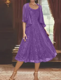 Two Piece A-Line Mother of the Bride Dress Elegant Simple Casual Boat Neck Ankle Length Chiffon Long Sleeve with Lace Ruffles