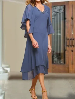 Two Piece A-Line Mother of the Bride Dress Wedding Guest Elegant Plus Size V Neck Tea Length Chiffon Short Sleeve Wrap Included Short Jacket Dresses with Beading Ruffles free custom size
