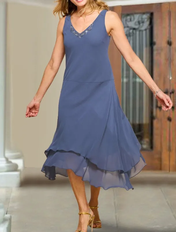 Two Piece A-Line Mother of the Bride Dress Wedding Guest Elegant Plus Size V Neck Tea Length Chiffon Short Sleeve Wrap Included Short Jacket Dresses with Beading Ruffles free custom size