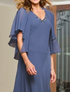 Two Piece A-Line Mother of the Bride Dress Wedding Guest Elegant Plus Size V Neck Tea Length Chiffon Short Sleeve Wrap Included Short Jacket Dresses with Beading Ruffles free custom size
