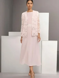 Two Piece A-Line Mother of the Bride Dress Elegant Simple Casual Boat Neck Ankle Length Chiffon Long Sleeve with Lace