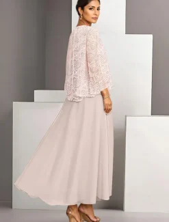 Two Piece A-Line Mother of the Bride Dress Elegant Simple Casual Boat Neck Ankle Length Chiffon Long Sleeve with Lace