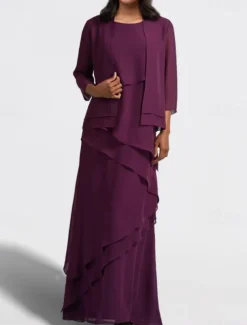 Two Piece A-Line Mother of the Bride Dress Wedding Guest Elegant Jewel Neck Floor Length Chiffon Sleeveless Wrap Included with Cascading Ruffles Solid Color free custom size