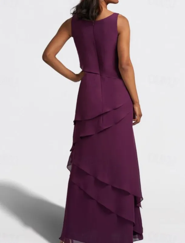 Two Piece A-Line Mother of the Bride Dress Wedding Guest Elegant Jewel Neck Floor Length Chiffon Sleeveless Wrap Included with Cascading Ruffles Solid Color free custom size