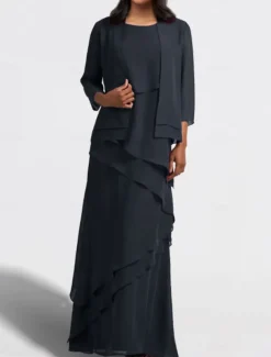 Two Piece A-Line Mother of the Bride Dress Wedding Guest Elegant Jewel Neck Floor Length Chiffon Sleeveless Wrap Included with Cascading Ruffles Solid Color free custom size