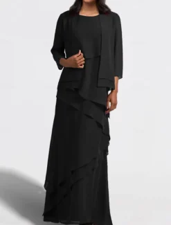 Two Piece A-Line Mother of the Bride Dress Wedding Guest Elegant Jewel Neck Floor Length Chiffon Sleeveless Wrap Included with Cascading Ruffles Solid Color free custom size