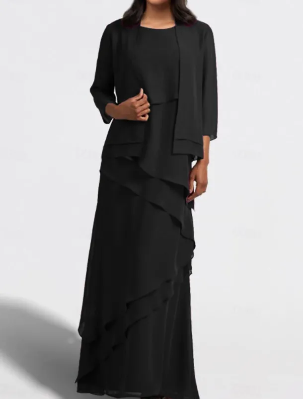 Two Piece A-Line Mother of the Bride Dress Wedding Guest Elegant Jewel Neck Floor Length Chiffon Sleeveless Wrap Included with Cascading Ruffles Solid Color free custom size