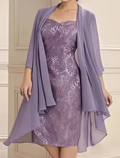 Two Piece Dress Sets Mother of the Bride Dress Elegant Simple Sweetheart Knee Length 3/4 Length Sleeve with Solid Color