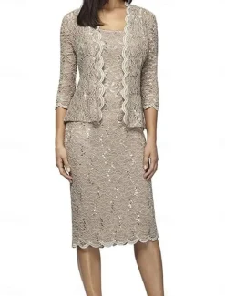 Two Piece Dress Sets Mother of the Bride Dress Elegant Square Neck Knee Length Lace 3/4 Length Sleeve with Lace