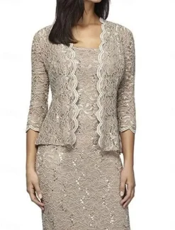 Two Piece Dress Sets Mother of the Bride Dress Elegant Square Neck Knee Length Lace 3/4 Length Sleeve with Lace