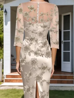Two Piece Floral Embroidered Lace Mother of the Bride Dress Elegant Simple Luxurious Crew Neck Tea Length Satin Half Sleeve with Chiffon Jacket