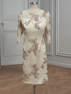 Two Piece Floral Embroidered Lace Mother of the Bride Dress Elegant Simple Luxurious Crew Neck Tea Length Satin Half Sleeve with Chiffon Jacket