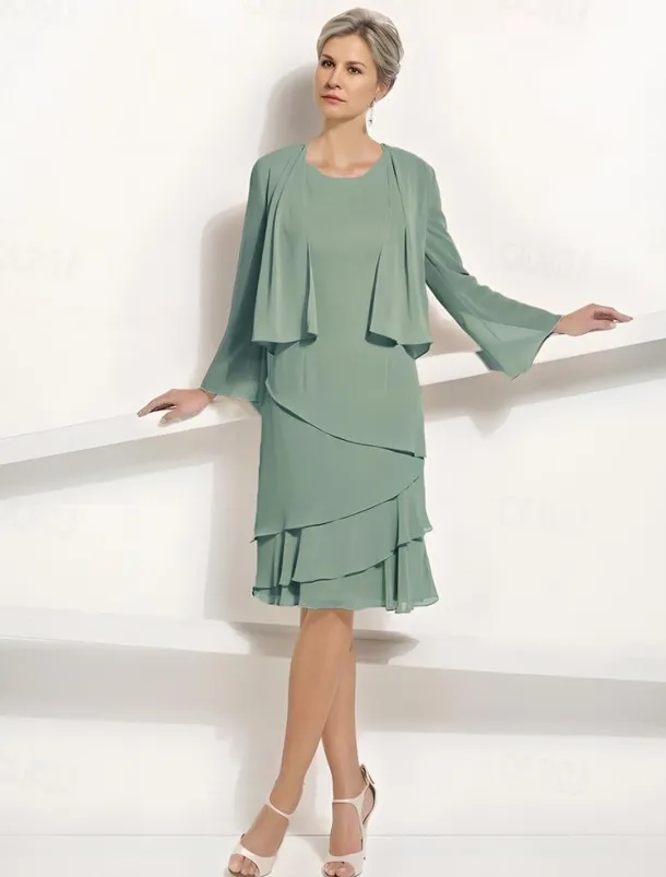 Two Piece Jacket Dress A-Line Mother of the Bride Dress Elegant Simple Luxurious Scoop Neck Knee Length Chiffon Sleeveless Long Sleeve with Cascading Ruffles