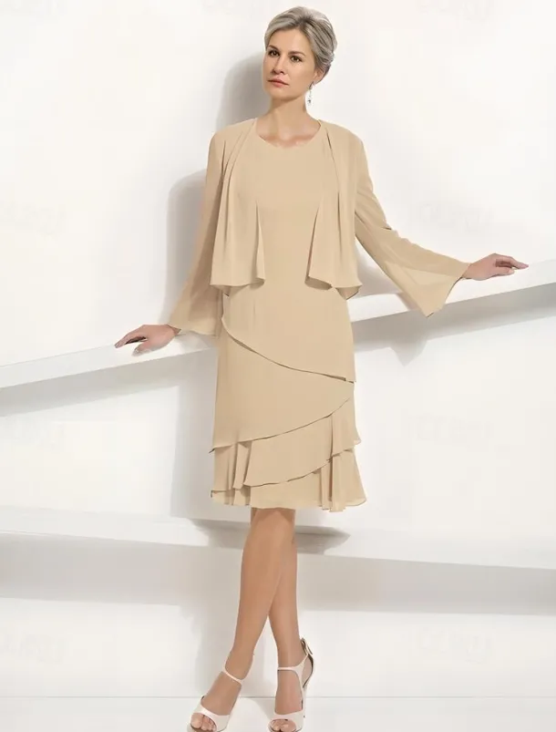 Two Piece Jacket Dress A-Line Mother of the Bride Dress Elegant Simple Luxurious Scoop Neck Knee Length Chiffon Sleeveless Long Sleeve with Cascading Ruffles