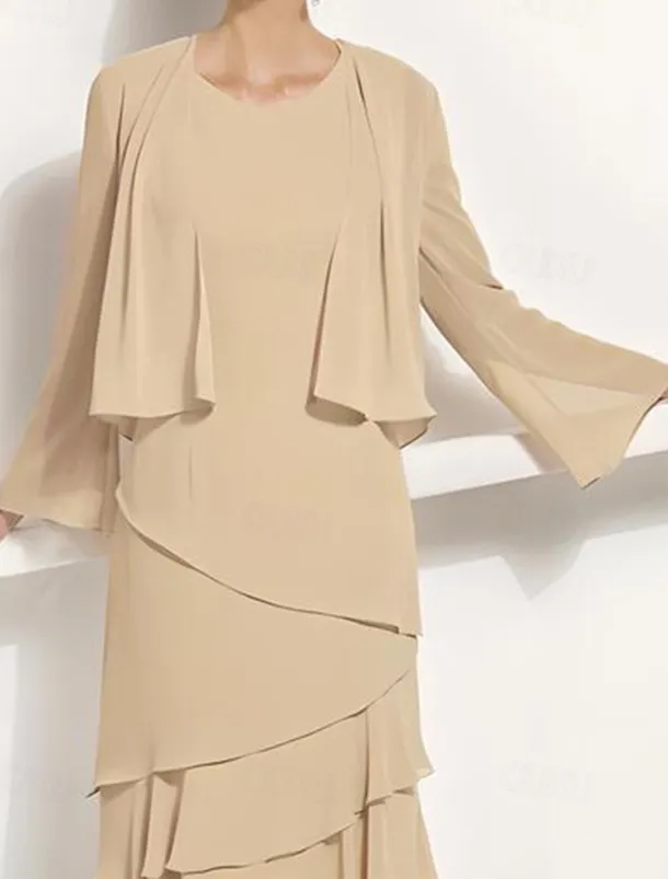 Two Piece Jacket Dress A-Line Mother of the Bride Dress Elegant Simple Luxurious Scoop Neck Knee Length Chiffon Sleeveless Long Sleeve with Cascading Ruffles