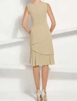 Two Piece Jacket Dress A-Line Mother of the Bride Dress Elegant Simple Luxurious Scoop Neck Knee Length Chiffon Sleeveless Long Sleeve with Cascading Ruffles