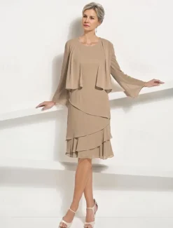 Two Piece Jacket Dress A-Line Mother of the Bride Dress Elegant Simple Luxurious Scoop Neck Knee Length Chiffon Sleeveless Long Sleeve with Cascading Ruffles