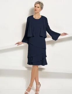 Two Piece Jacket Dress A-Line Mother of the Bride Dress Elegant Simple Luxurious Scoop Neck Knee Length Chiffon Sleeveless Long Sleeve with Cascading Ruffles