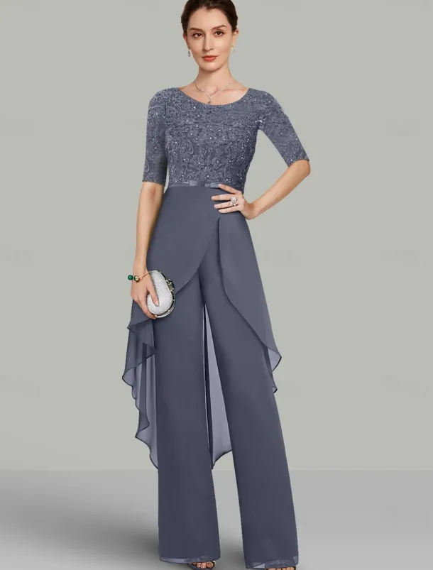 Two Piece Jumpsuit / Pantsuit Mother of the Bride Wedding Guest Elegant Jewel Neck Floor Length Chiffon Lace Half Sleeve with Lace Ruffles free custom size