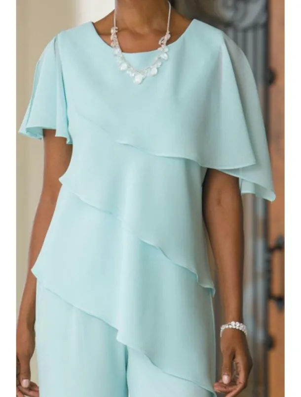 Two Piece Jumpsuit / Pantsuit Mother of the Bride Wedding Guest Elegant Plus Size Jewel Neck Floor Length Chiffon Short Sleeve with Cascading Ruffles