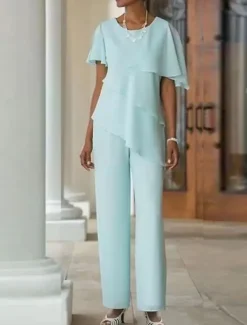 Two Piece Jumpsuit / Pantsuit Mother of the Bride Wedding Guest Elegant Plus Size Jewel Neck Floor Length Chiffon Short Sleeve with Cascading Ruffles
