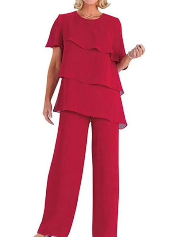 Two Piece Jumpsuit / Pantsuit Mother of the Bride Wedding Guest Elegant Plus Size Jewel Neck Floor Length Chiffon Short Sleeve with Cascading Ruffles