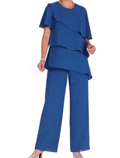 Two Piece Jumpsuit / Pantsuit Mother of the Bride Wedding Guest Elegant Plus Size Jewel Neck Floor Length Chiffon Short Sleeve with Cascading Ruffles