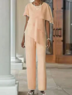 Two Piece Jumpsuit / Pantsuit Mother of the Bride Wedding Guest Elegant Plus Size Jewel Neck Floor Length Chiffon Short Sleeve with Cascading Ruffles