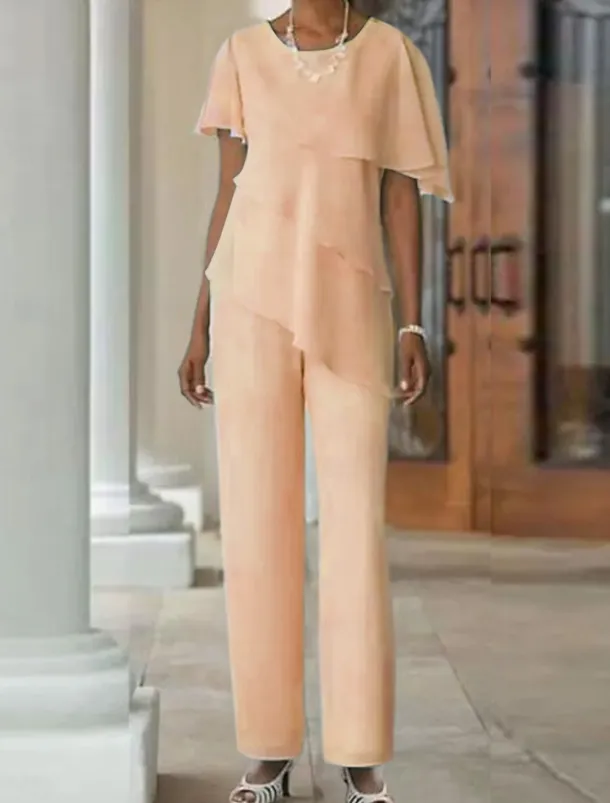 Two Piece Jumpsuit / Pantsuit Mother of the Bride Wedding Guest Elegant Plus Size Jewel Neck Floor Length Chiffon Short Sleeve with Cascading Ruffles