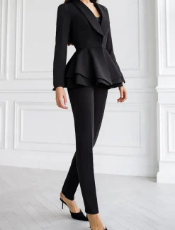 Two Piece Jumpsuit / Pantsuit Pantsuit Mother of the Bride Peplum Blazer Set Elegant Vintage Simple V Neck Shawl Lapel Ankle Length Pants Stretch Crepe Long Sleeve with Ruffles Cascading Ruffles