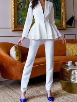 Two Piece Jumpsuit / Pantsuit Pantsuit Mother of the Bride Peplum Blazer Set Elegant Vintage Simple V Neck Shawl Lapel Ankle Length Pants Stretch Crepe Long Sleeve with Ruffles Cascading Ruffles