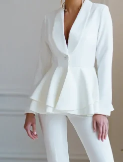 Two Piece Jumpsuit / Pantsuit Pantsuit Mother of the Bride Peplum Blazer Set Elegant Vintage Simple V Neck Shawl Lapel Ankle Length Pants Stretch Crepe Long Sleeve with Ruffles Cascading Ruffles