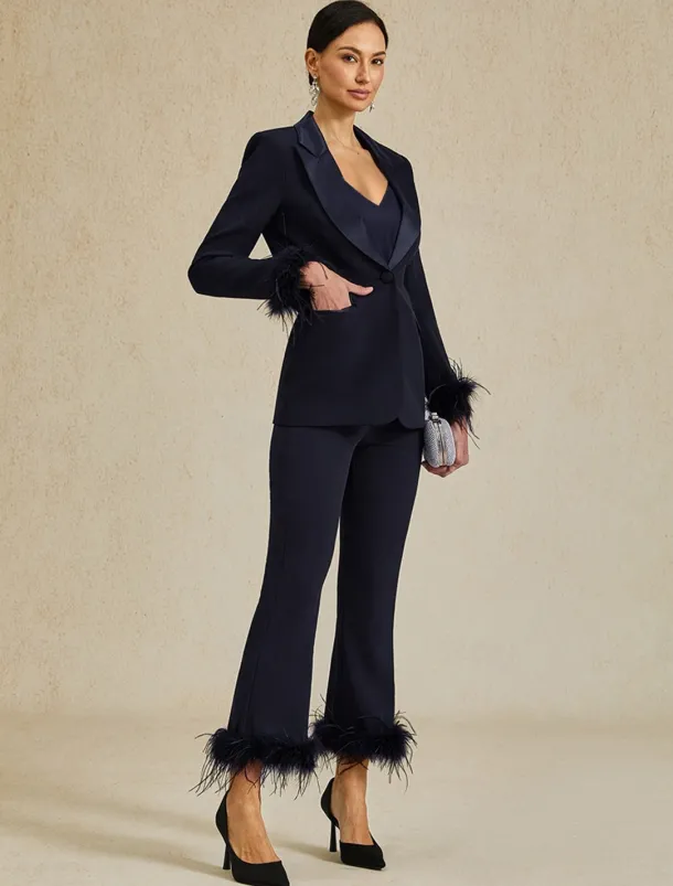 Two Piece Jumpsuit / Pantsuit Pantsuit Stretch Crepe Mother of the Bride Blazer Suit Elegant Simple Satin V Neck Peak Lapel Ankle Length Long Sleeve with Feather