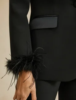 Two Piece Jumpsuit / Pantsuit Pantsuit Stretch Crepe Mother of the Bride Blazer Suit Elegant Simple Satin V Neck Peak Lapel Ankle Length Long Sleeve with Feather