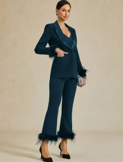 Two Piece Jumpsuit / Pantsuit Pantsuit Stretch Crepe Mother of the Bride Blazer Suit Elegant Simple Satin V Neck Peak Lapel Ankle Length Long Sleeve with Feather