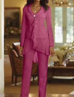 Two Piece Jumpsuit / Pantsuit Mother of the Bride Wedding Guest Elegant Plus Size V Neck Floor Length Chiffon Long Sleeve with Ruffles free custom size