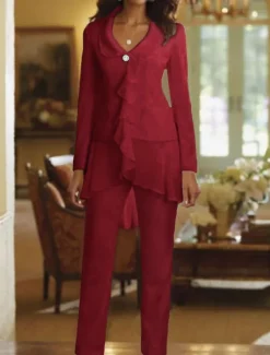 Two Piece Jumpsuit / Pantsuit Mother of the Bride Wedding Guest Elegant Plus Size V Neck Floor Length Chiffon Long Sleeve with Ruffles free custom size