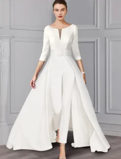 Two Piece Jumpsuit / Pantsuit Mother of the Bride Formal Wedding Guest Elegant detachable V Neck Floor Length Satin 3/4 Length Sleeve with Sash / Ribbon free custom size