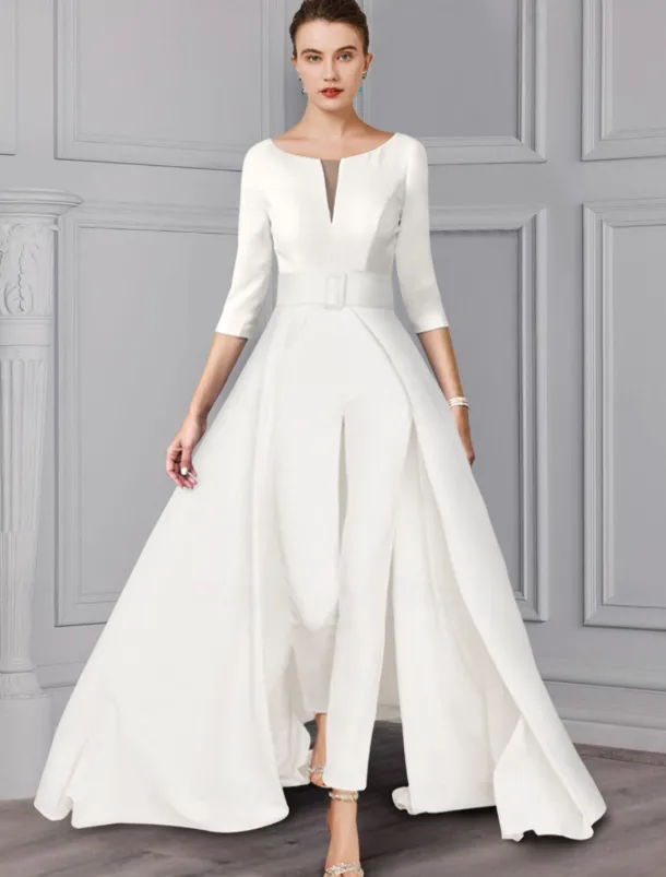 Two Piece Jumpsuit / Pantsuit Mother of the Bride Formal Wedding Guest Elegant detachable V Neck Floor Length Satin 3/4 Length Sleeve with Sash / Ribbon free custom size
