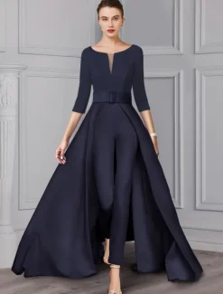 Two Piece Jumpsuit / Pantsuit Mother of the Bride Formal Wedding Guest Elegant detachable V Neck Floor Length Satin 3/4 Length Sleeve with Sash / Ribbon free custom size