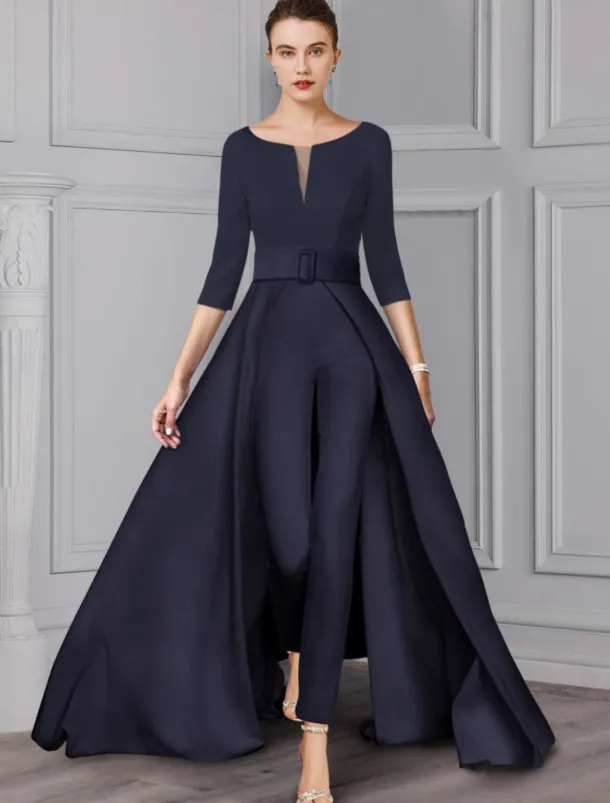 Two Piece Jumpsuit / Pantsuit Mother of the Bride Formal Wedding Guest Elegant detachable V Neck Floor Length Satin 3/4 Length Sleeve with Sash / Ribbon free custom size