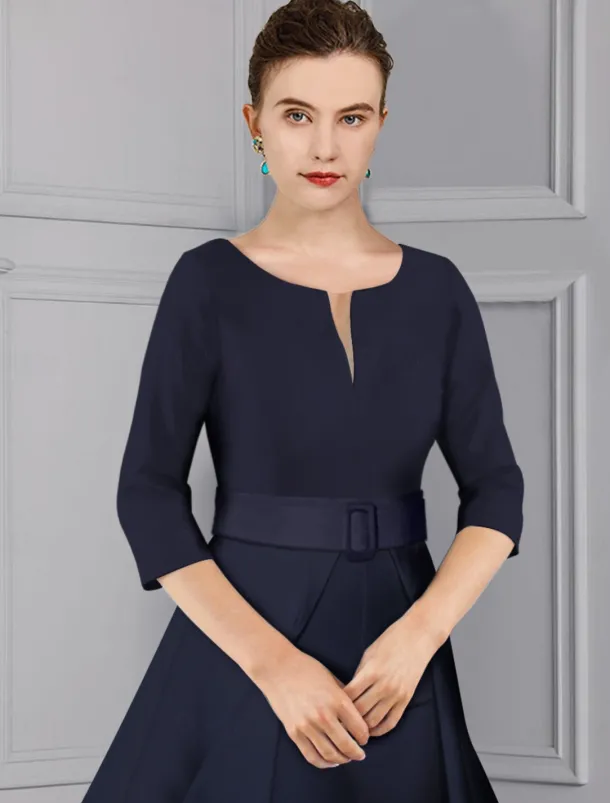 Two Piece Jumpsuit / Pantsuit Mother of the Bride Formal Wedding Guest Elegant detachable V Neck Floor Length Satin 3/4 Length Sleeve with Sash / Ribbon free custom size