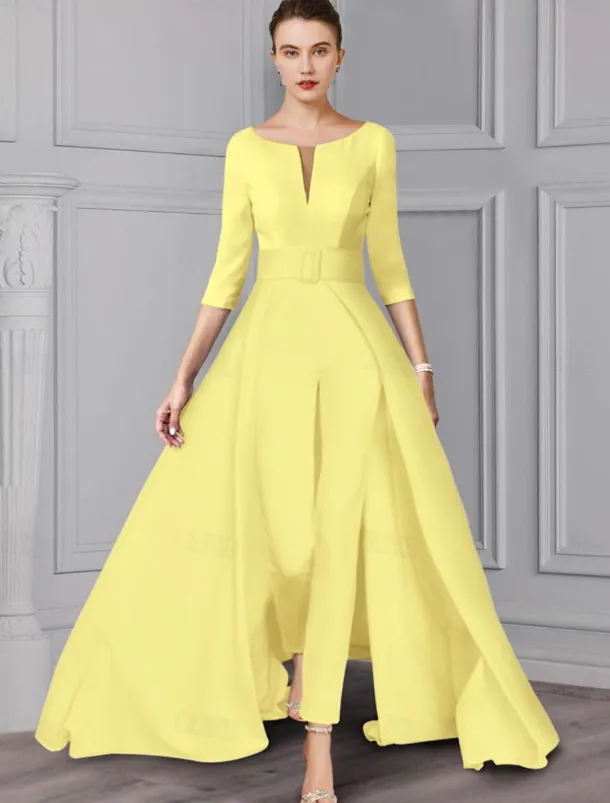 Two Piece Jumpsuit / Pantsuit Mother of the Bride Formal Wedding Guest Elegant detachable V Neck Floor Length Satin 3/4 Length Sleeve with Sash / Ribbon free custom size