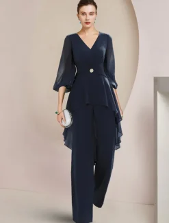 Two Piece Jumpsuit / Pantsuit Mother of the Bride Formal Wedding Guest Elegant High Low V Neck Floor Length Chiffon 3/4 Length Sleeve with Ruched Crystal Brooch free custom size