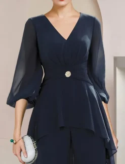 Two Piece Jumpsuit / Pantsuit Mother of the Bride Formal Wedding Guest Elegant High Low V Neck Floor Length Chiffon 3/4 Length Sleeve with Ruched Crystal Brooch free custom size