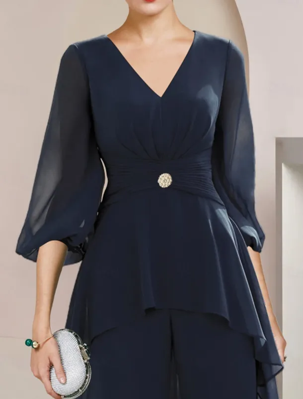 Two Piece Jumpsuit / Pantsuit Mother of the Bride Formal Wedding Guest Elegant High Low V Neck Floor Length Chiffon 3/4 Length Sleeve with Ruched Crystal Brooch free custom size