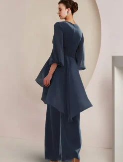 Two Piece Jumpsuit / Pantsuit Mother of the Bride Formal Wedding Guest Elegant High Low V Neck Floor Length Chiffon 3/4 Length Sleeve with Ruched Crystal Brooch free custom size