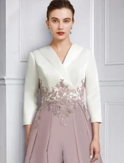 Two Piece Jumpsuit / Pantsuit Mother of the Bride Formal Wedding Guest Elegant Party V Neck Ankle Length Crepe Lace 3/4 Length Sleeve with Appliques Color Block free custom size