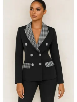 Two Piece Jumpsuit / Pantsuit Black and Houndstooth Mother of the Bride Pantsuit Business Formal Elegant Vintage Peak Lapel Floor Length Pockets Covered Buttons Long Sleeve with Color Block