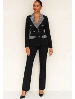 Two Piece Jumpsuit / Pantsuit Black and Houndstooth Mother of the Bride Pantsuit Business Formal Elegant Vintage Peak Lapel Floor Length Pockets Covered Buttons Long Sleeve with Color Block